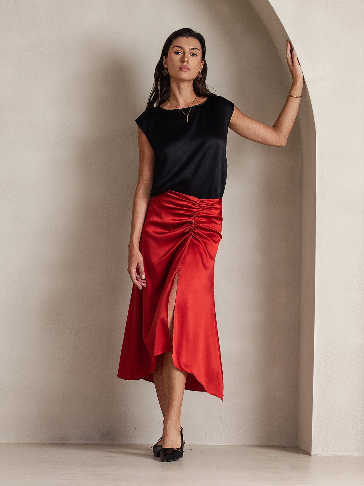[Negro] SilkSilky-ES 19Momme Seda Womens T-Shirt 007