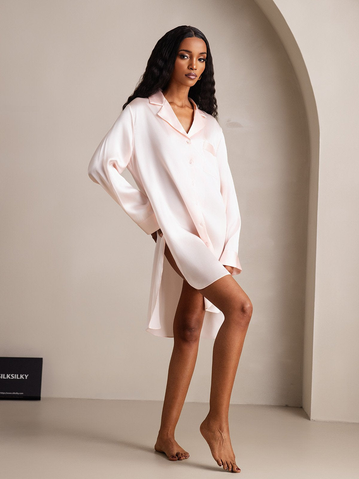 [RosaClaro] SilkSilky-ES Seda Pura Cuello Camisero Camisón 005