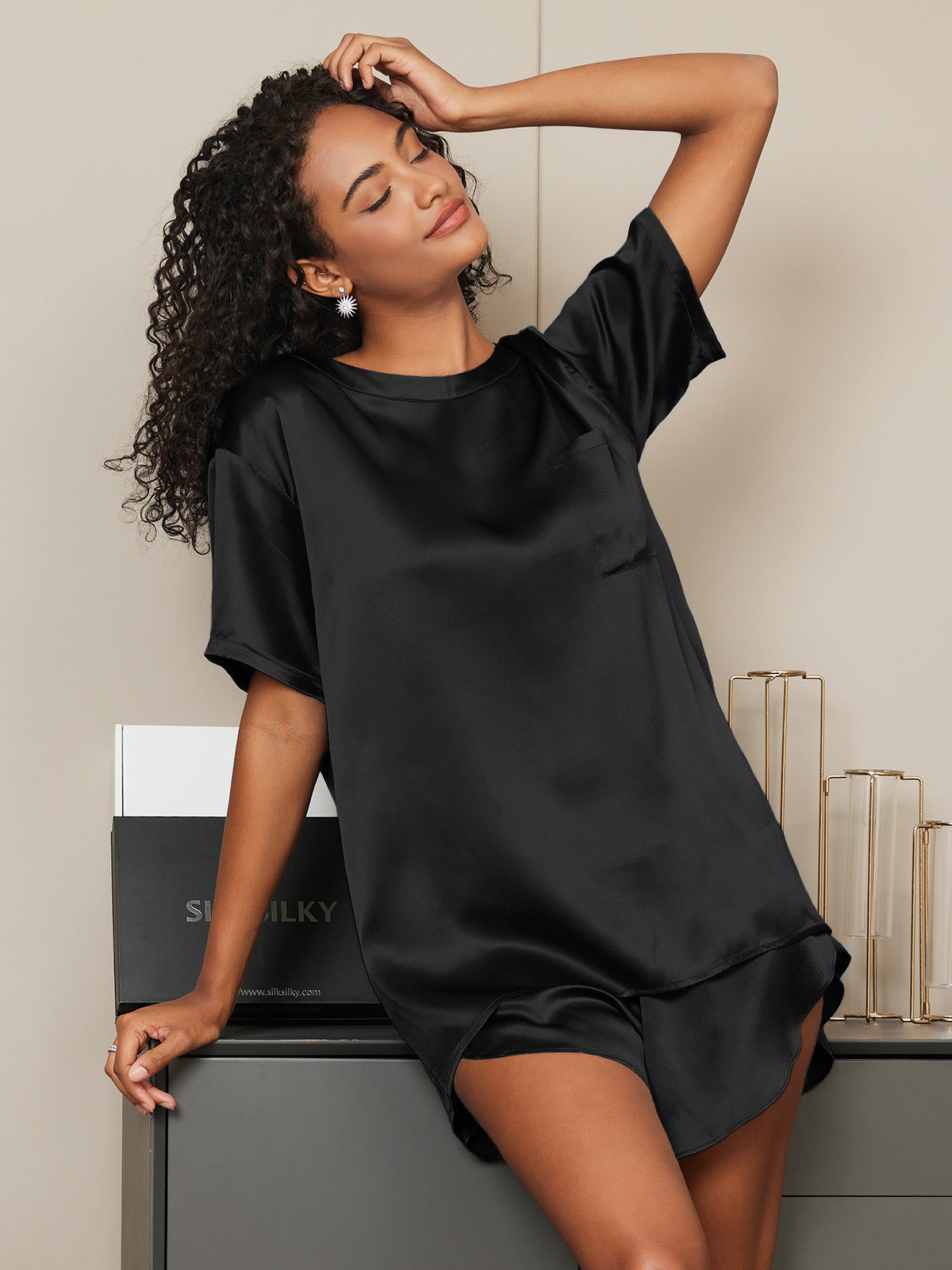 [Negro] SilkSilky-ES Seda Pura Womens Pajamas 002