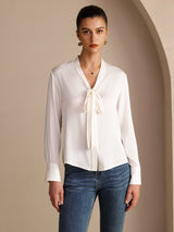[Blanco] SilkSilky-ES Long Sleeve Tie Neck Blusas 001