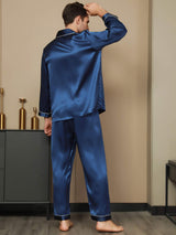 [Azul Oscuro] SilkSilky-ES Seda Pura Manga larga Solapa Pijamas de hombre 004