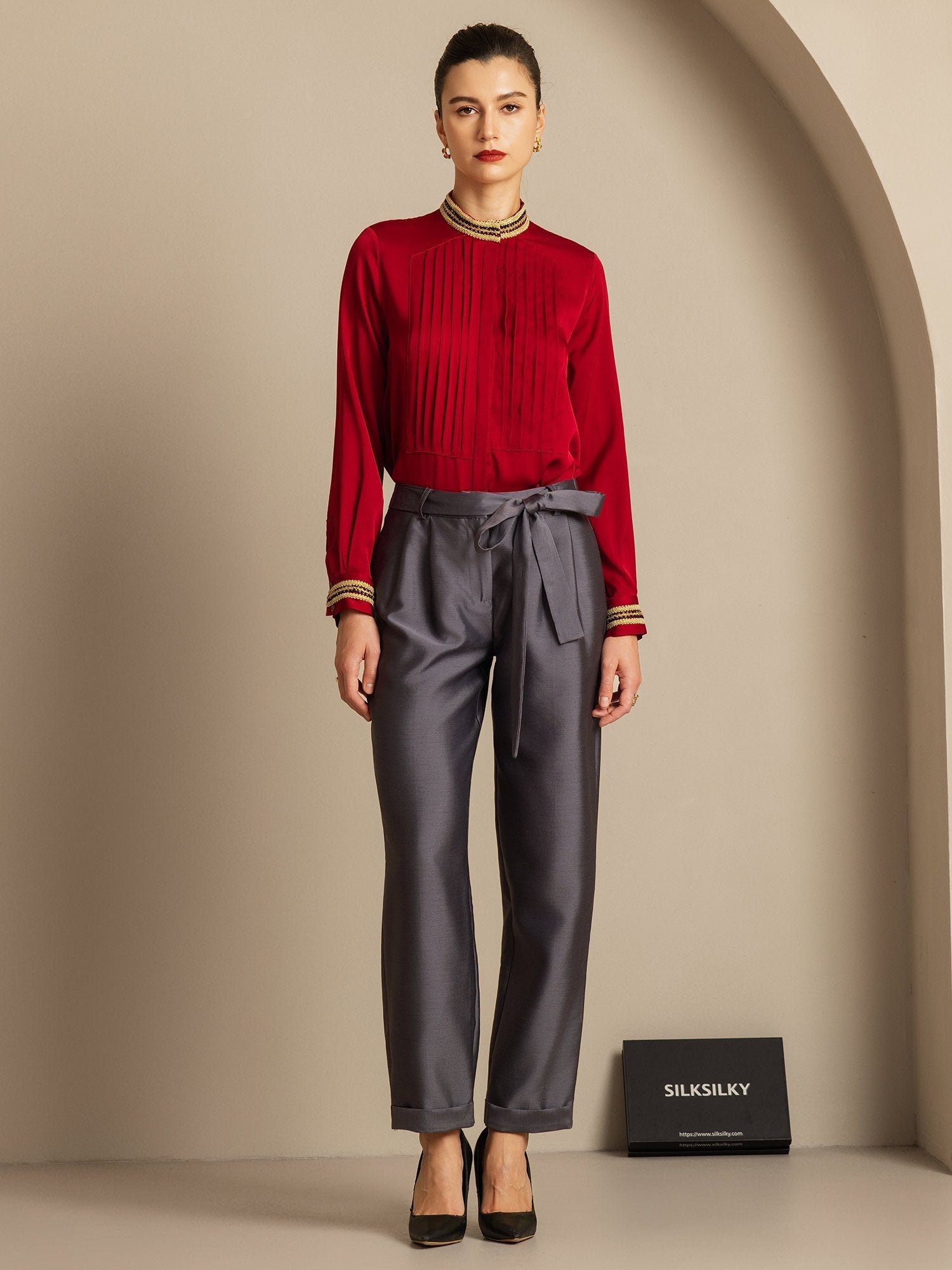 [Gris] SilkSilky-ES 32Momme Silk-Wool Blend Womens Pants 006,