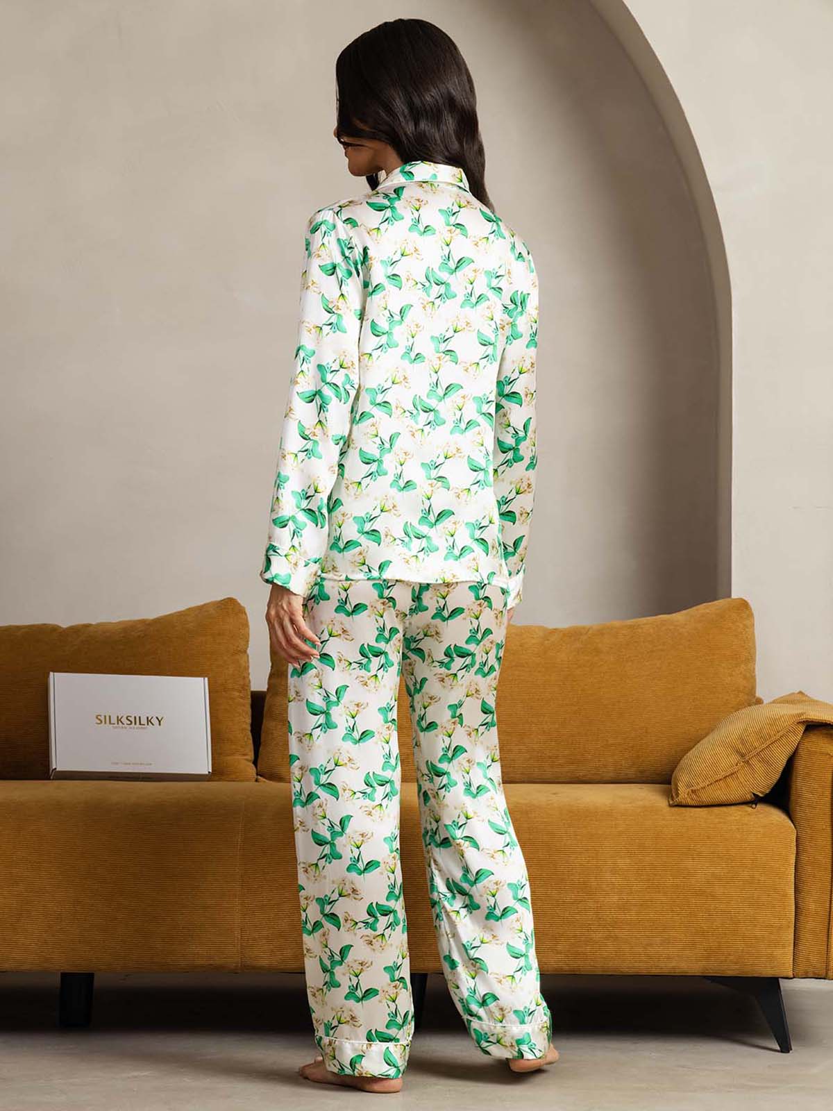 [Floral Verde] SilkSilky-ES Seda Pura Womens Pajamas 002
