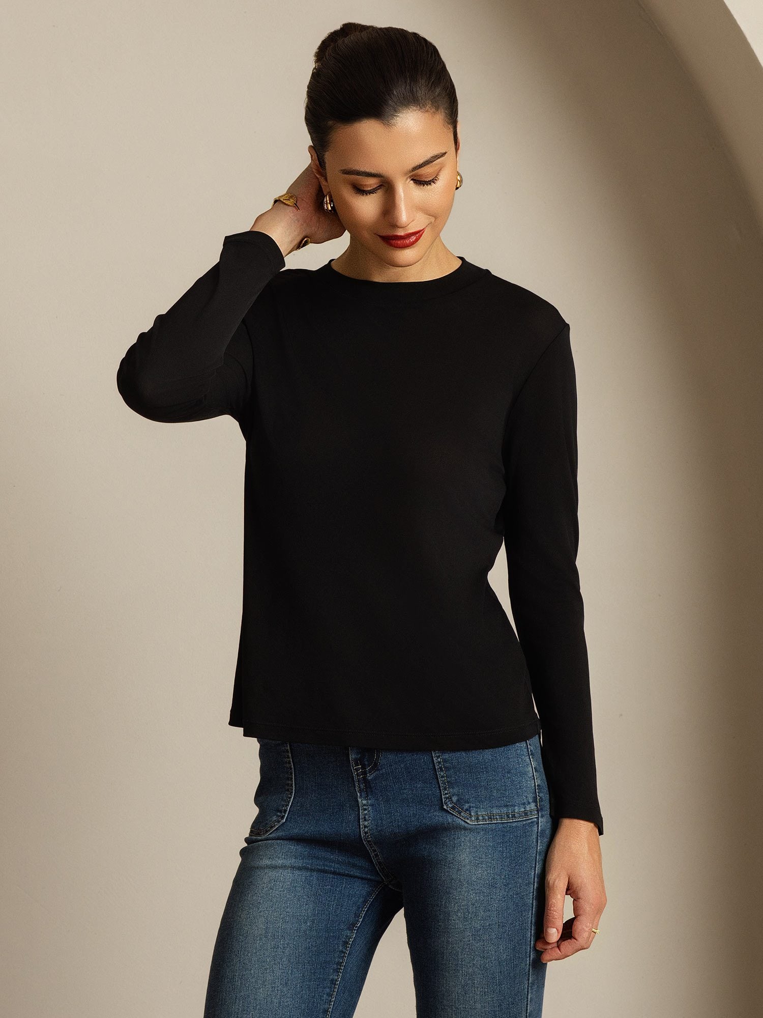 [Negro] SilkSilky-ES Seda Pura Womens T-Shirt 006