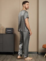 [Gris Oscuro] SilkSilky-ES Seda Pura Manga corta Round Neck Pijamas de hombre 002