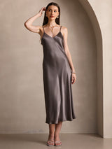 [Caqui Oscuro] SilkSilky-ES Spaghetti Strap V Neck Vestido 004