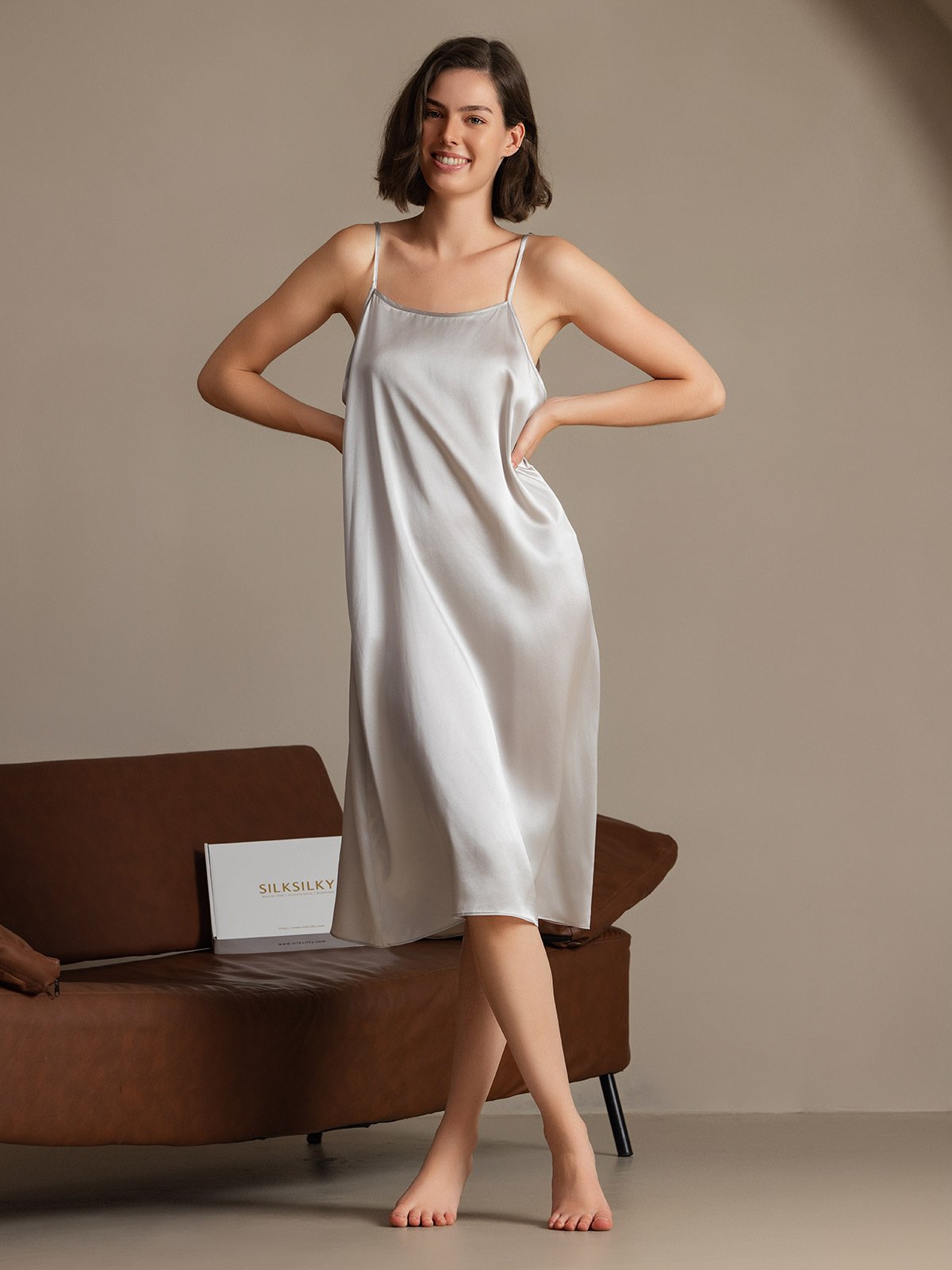 [Gris Claro] SilkSilky-ES 19Momme Seda Sin mangas Dress 003