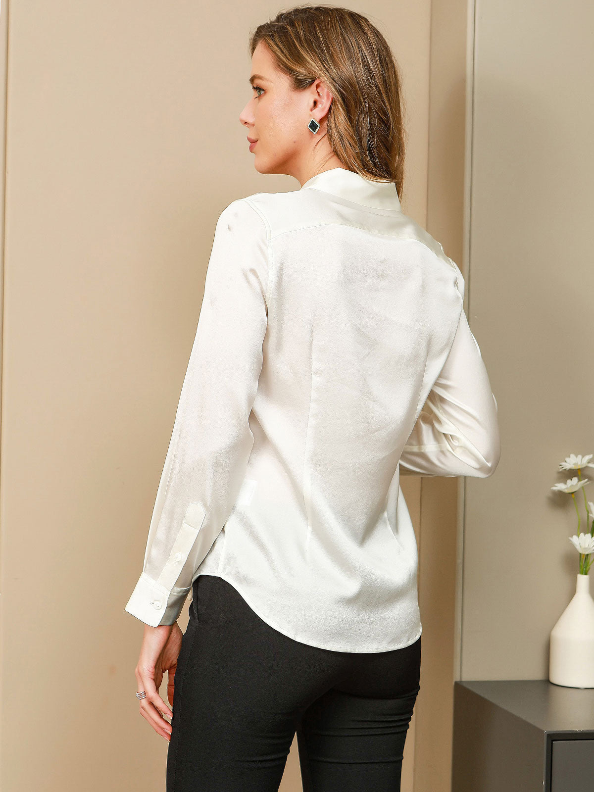 [Blanco] SilkSilky-ES Seda Lapel Collar Blusas de Mujer 002