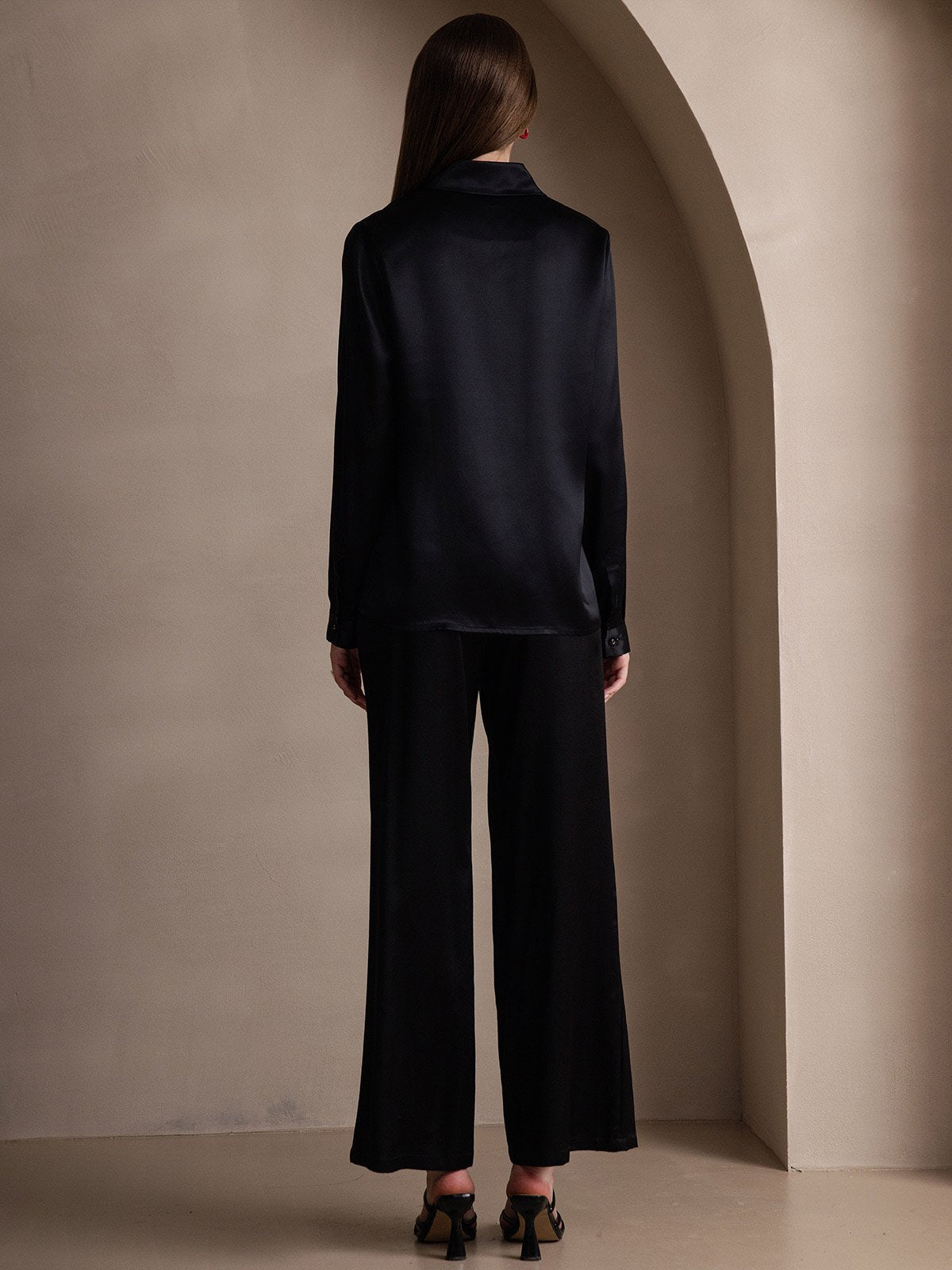 [Negro] SilkSilky-ES 19Momme Seda Manga larga Cuello Camisero Blusas de Mujer 002