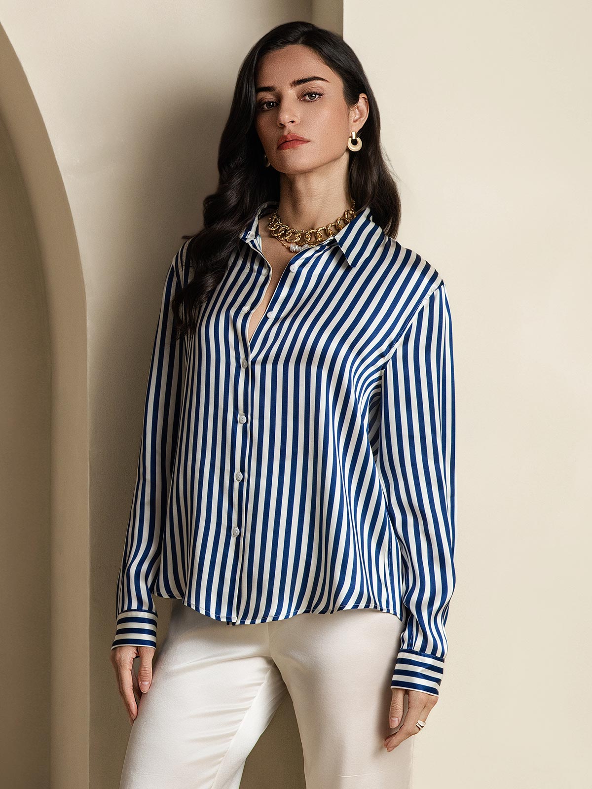 [Azul] SilkSilky-ES Seda Lapel Collar Blusas de Mujer 003