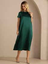 [Verde Oscuro] SilkSilky-ES Short Sleeve Round Neck Vestido 004