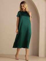 [Verde Oscuro] SilkSilky-ES Short Sleeve Crew Neck Vestido 004