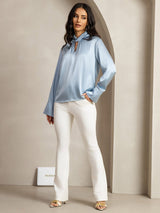 [Azul Grisáceo] SilkSilky-ES 19Momme Seda Escote lágrima Blusas de Mujer 012