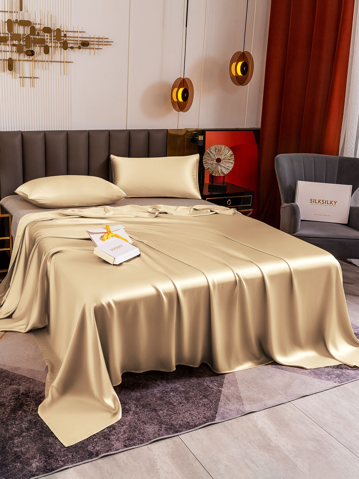 [Beige] SilkSilky-ES 19Momme Juego de ropa de cama 003