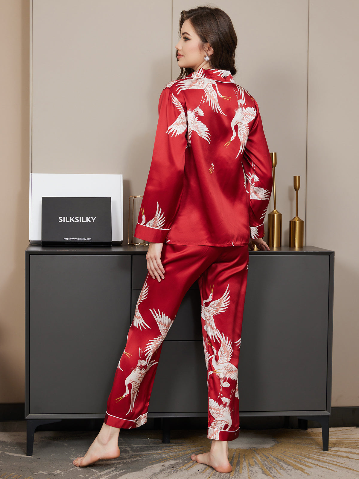 [Rojo Oscuro] SilkSilky-ES 19Momme Seda Pura Womens Pajamas 006