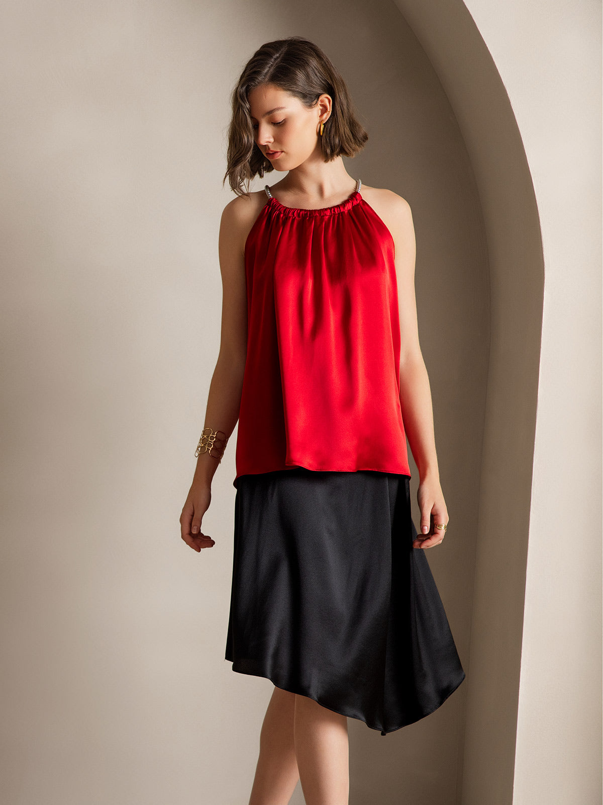 [Negro] SilkSilky-ES 19Momme Seda Skirt 005