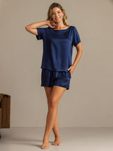 [Azul Oscuro] SilkSilky-ES 19Momme Manga corta Cuello Redondo Pijamas de mujer 006