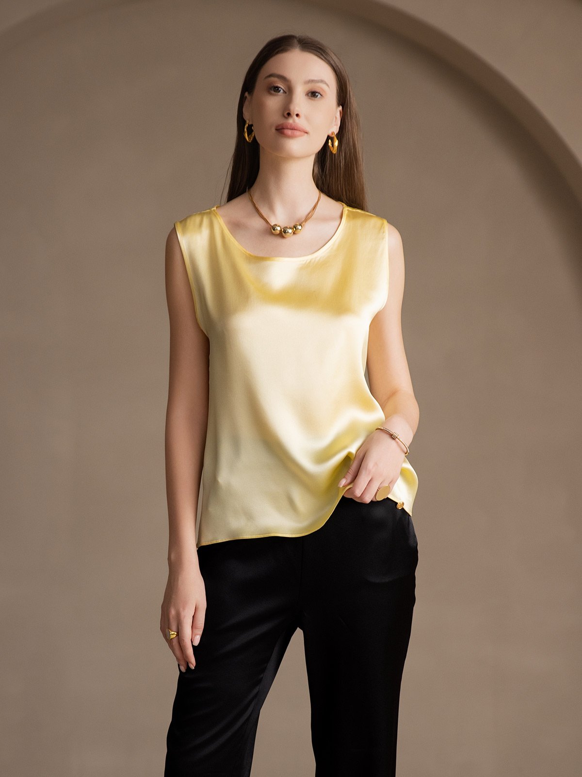 [Amarillo Claro] SilkSilky-ES 19Momme Seda Camisoles 001