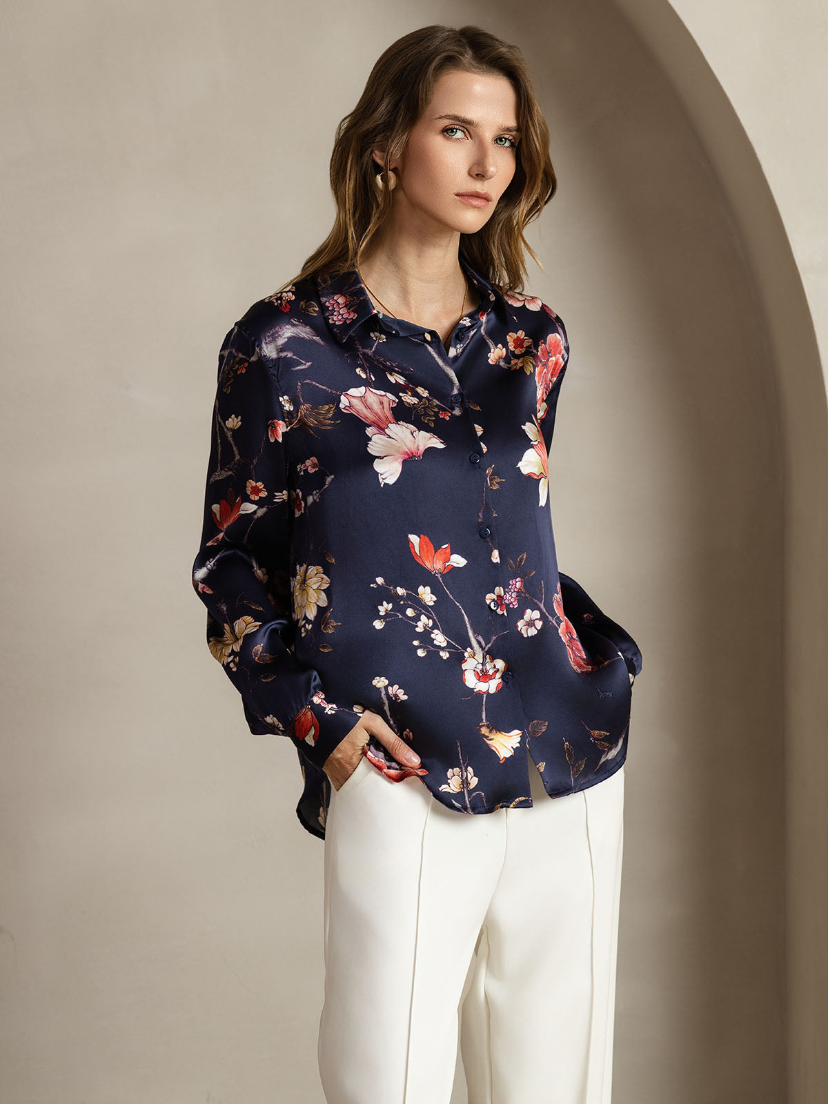 [Floral Azul Marino] SilkSilky-ES Seda Lapel Collar Blusas de Mujer 001