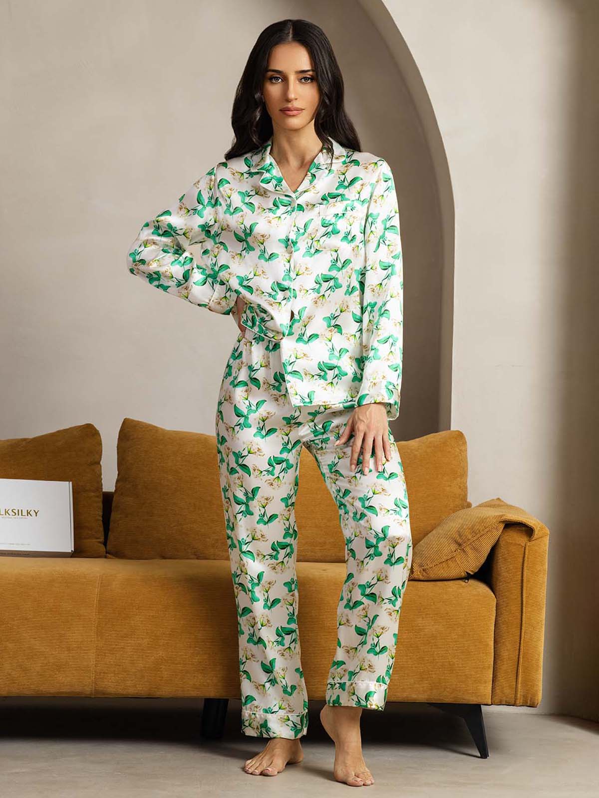 [Floral Verde] SilkSilky-ES Seda Pura Womens Pajamas 003