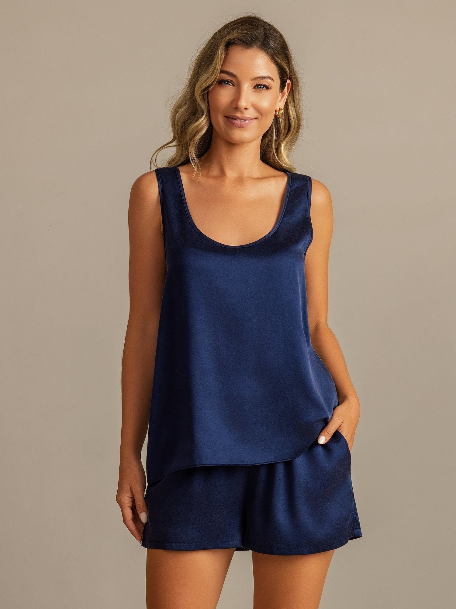 [AzulOscuro] SilkSilky-ES 19Momme Seda Cuello en U Pijamas de mujer 001