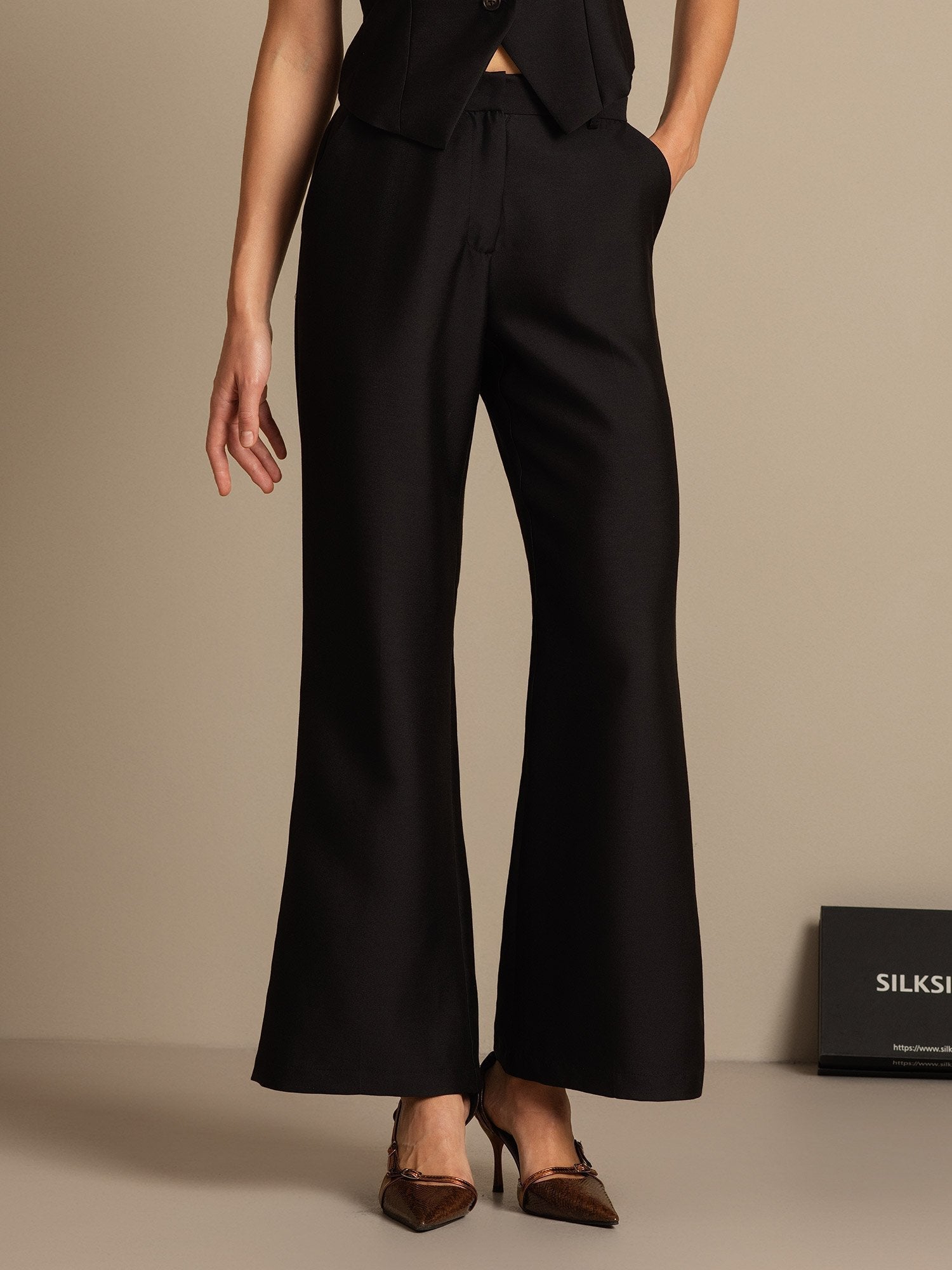 [Negro] SilkSilky-ES 32Momme Silk-Wool Blend Womens Pants 001,