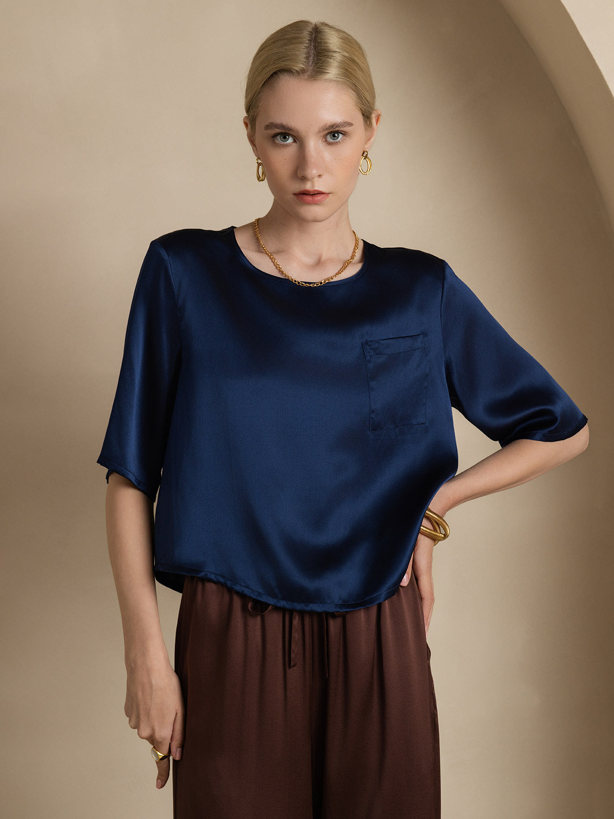 [Azul Oscuro] SilkSilky-ES Seda Pura Cuello Barco Camisetas de Mujer 003