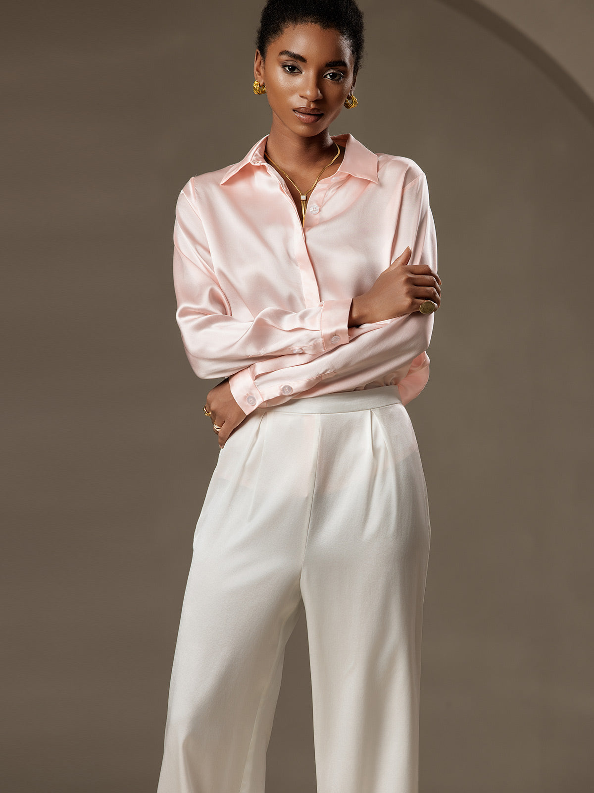 [Rosa] SilkSilky-ES 19Momme Seda Lapel Collar Blusas de Mujer 006