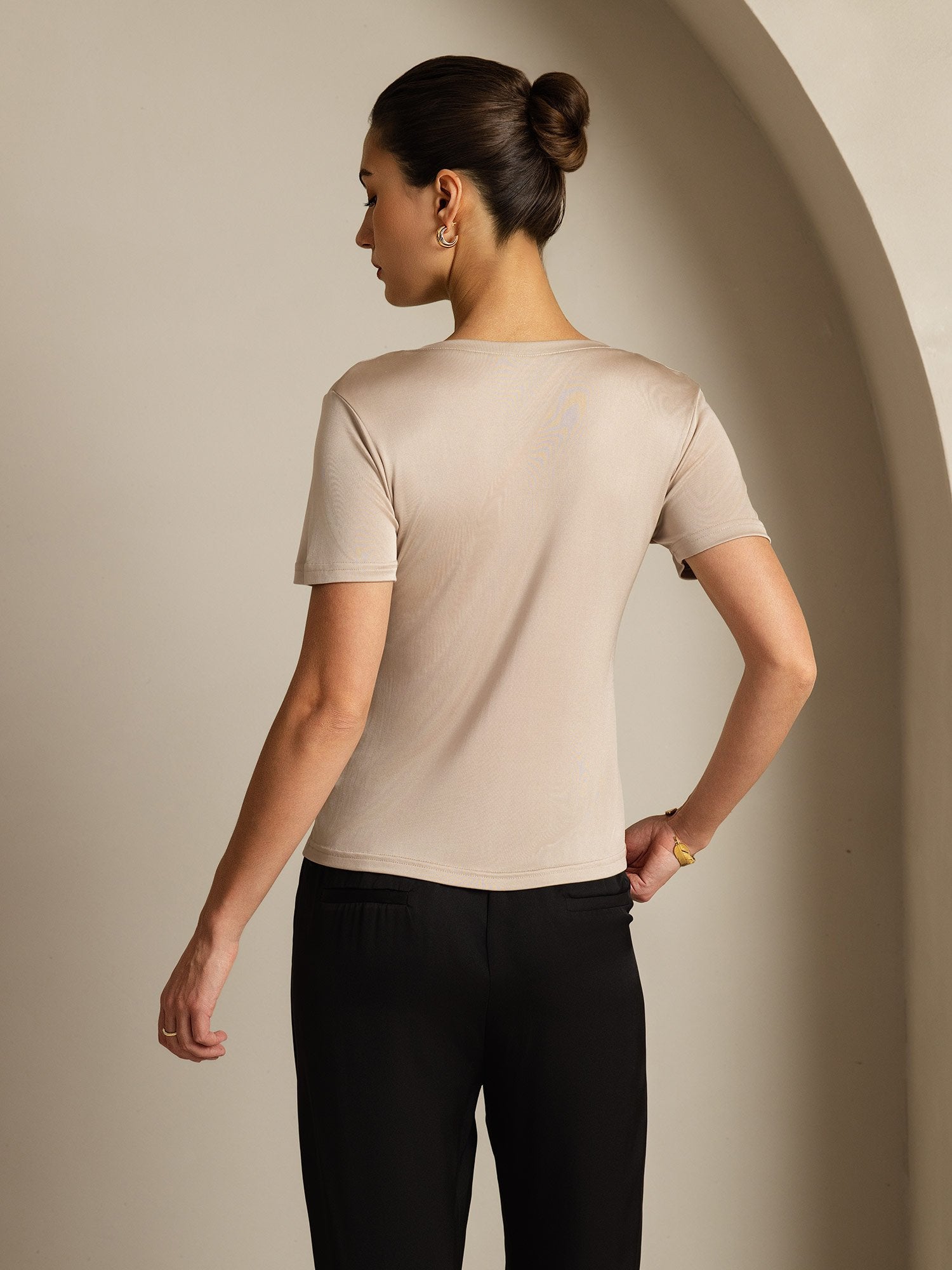 [CaquiClaro] SilkSilky-ES Seda Pura Cuello en V Camisetas de Mujer 002