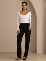 [Blanco] SilkSilky-ES Long Sleeve Cuello en U Camisetas de Mujer 005