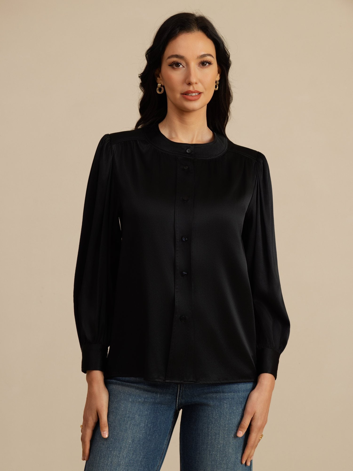 [Negro] SilkSilky-ES 19Momme Long Sleeve Round Neck Blusa 003