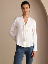 [Blanco] SilkSilky-ES Long Sleeve Tie Neck Blusas 003