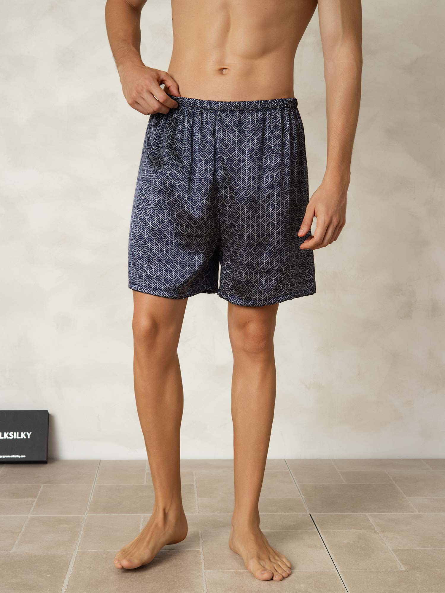 [Ginkgo Azul Marino] SilkSilky-ES Seda Pura Mens Sleep Bottoms 001