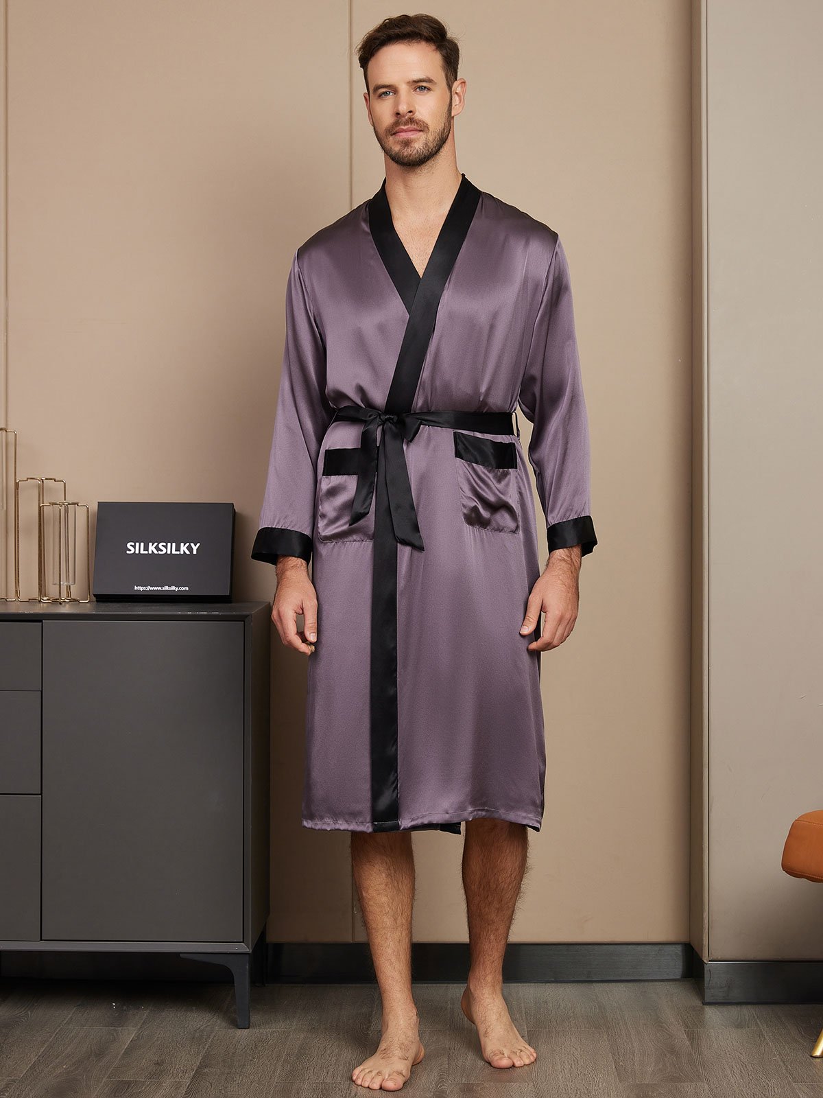 SilkSilky ES Seda Pura Manga larga Mens Robe GrisPúrpura 001