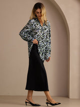 [Leopardo Azul Teal] SilkSilky-ES Long Sleeve Lapel Collar Blusa 005