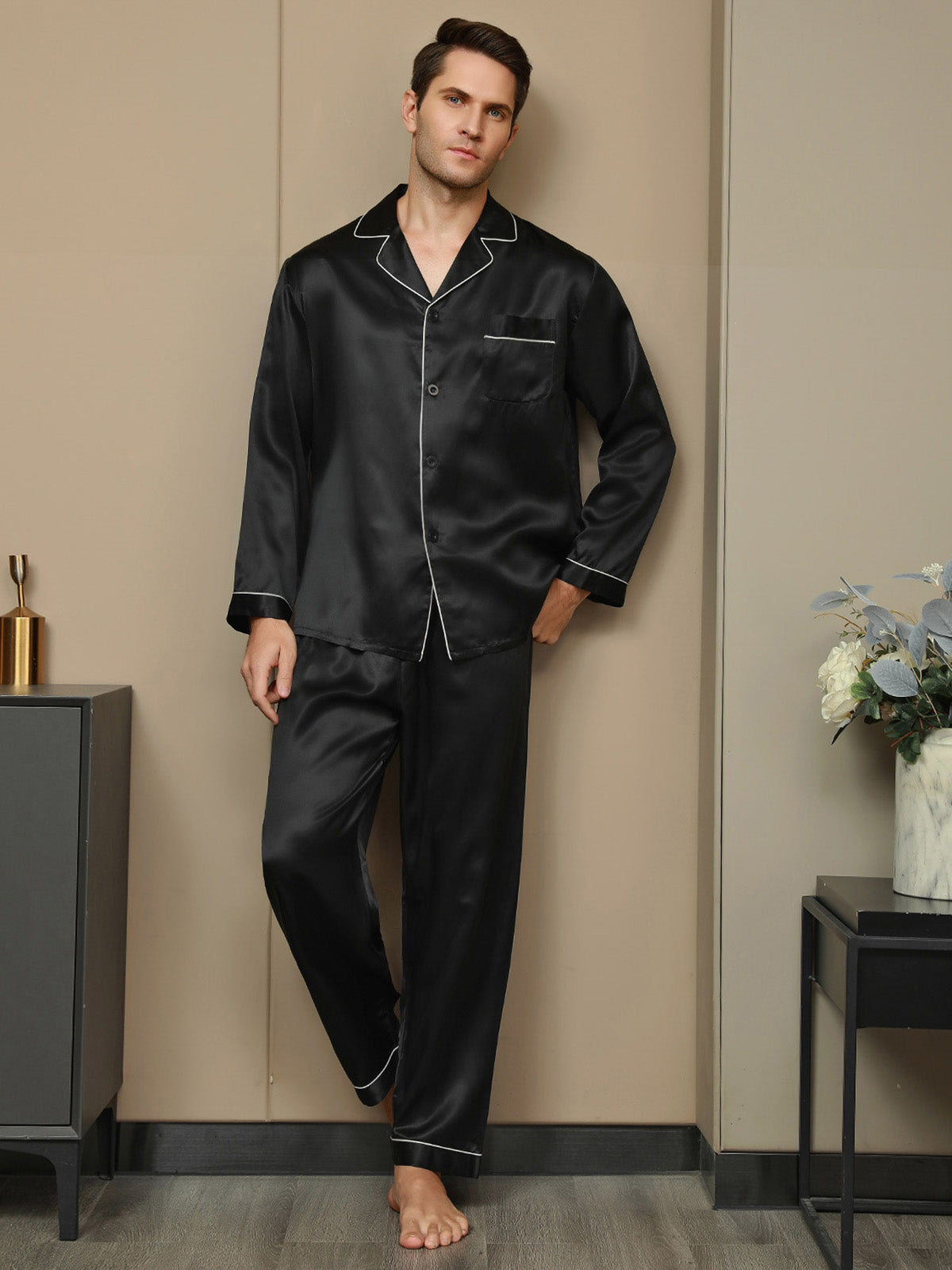 [Negro] SilkSilky-ES 19Momme Seda Pura Mens Pajamas 004