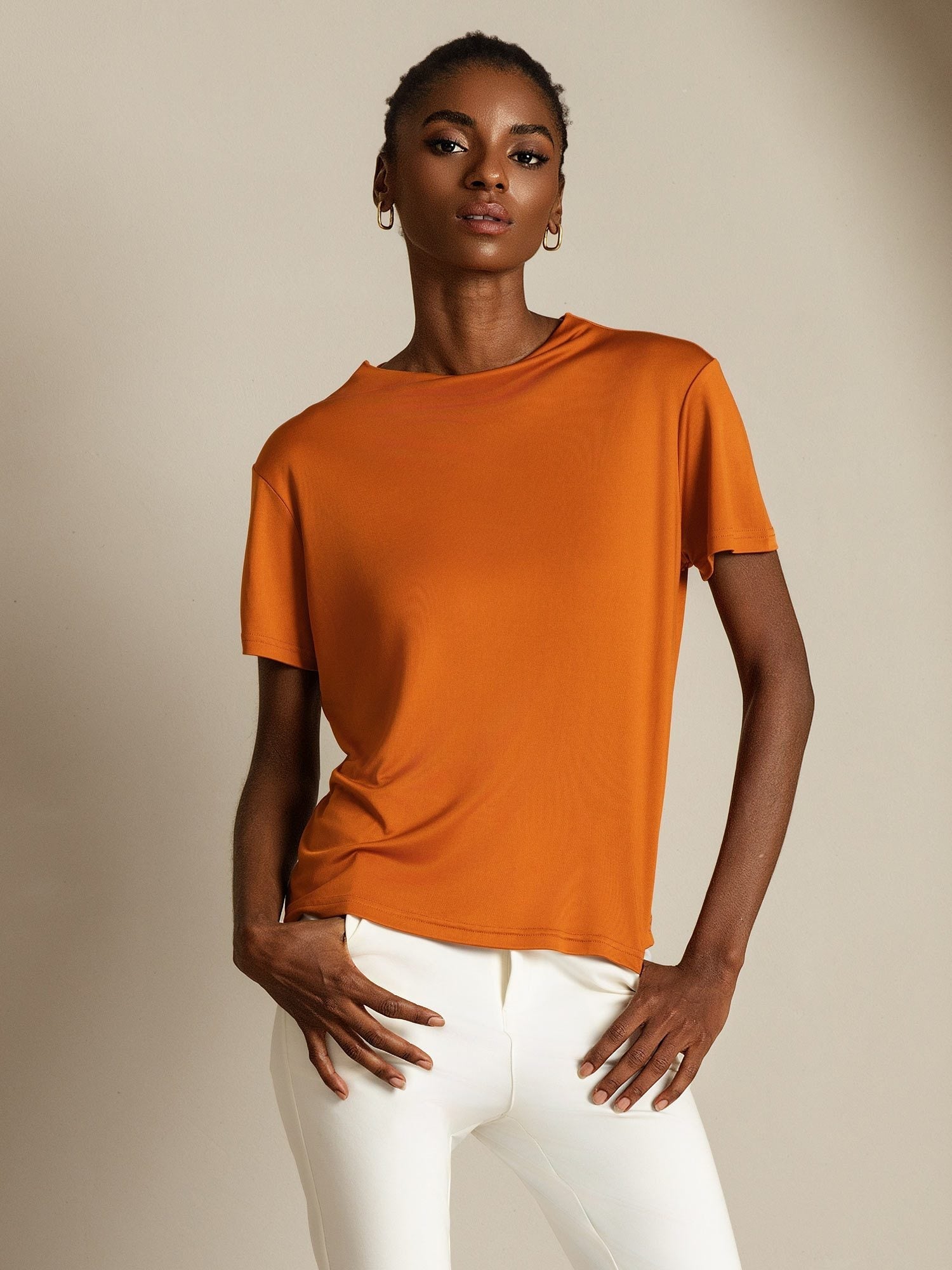 [Naranja] SilkSilky-ES Seda Pura Cuello Camisero Camisetas de Mujer 005