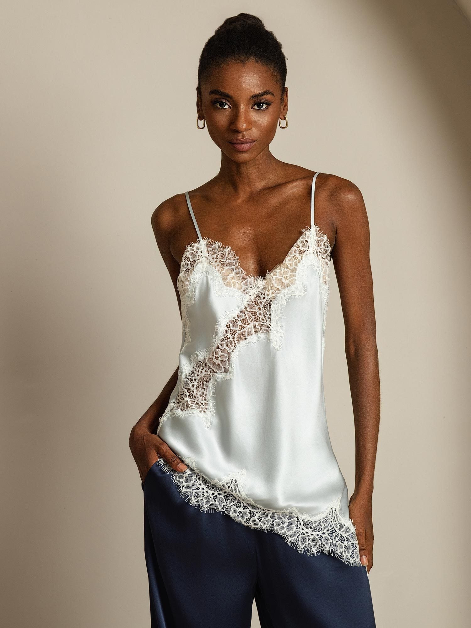 [Azul Claro] SilkSilky-ES Spaghetti Strap V Neck Top de tirantes 001