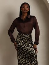 [Chocolate Negro] SilkSilky-ES Long Sleeve Lapel Collar Blusas de Mujer 004