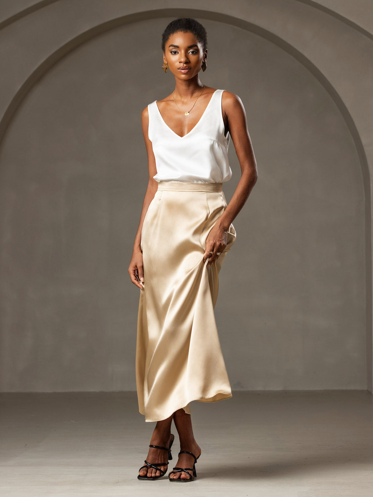 [Blanco] SilkSilky-ES 19Momme Seda Cuello en V Top de tirantes 007
