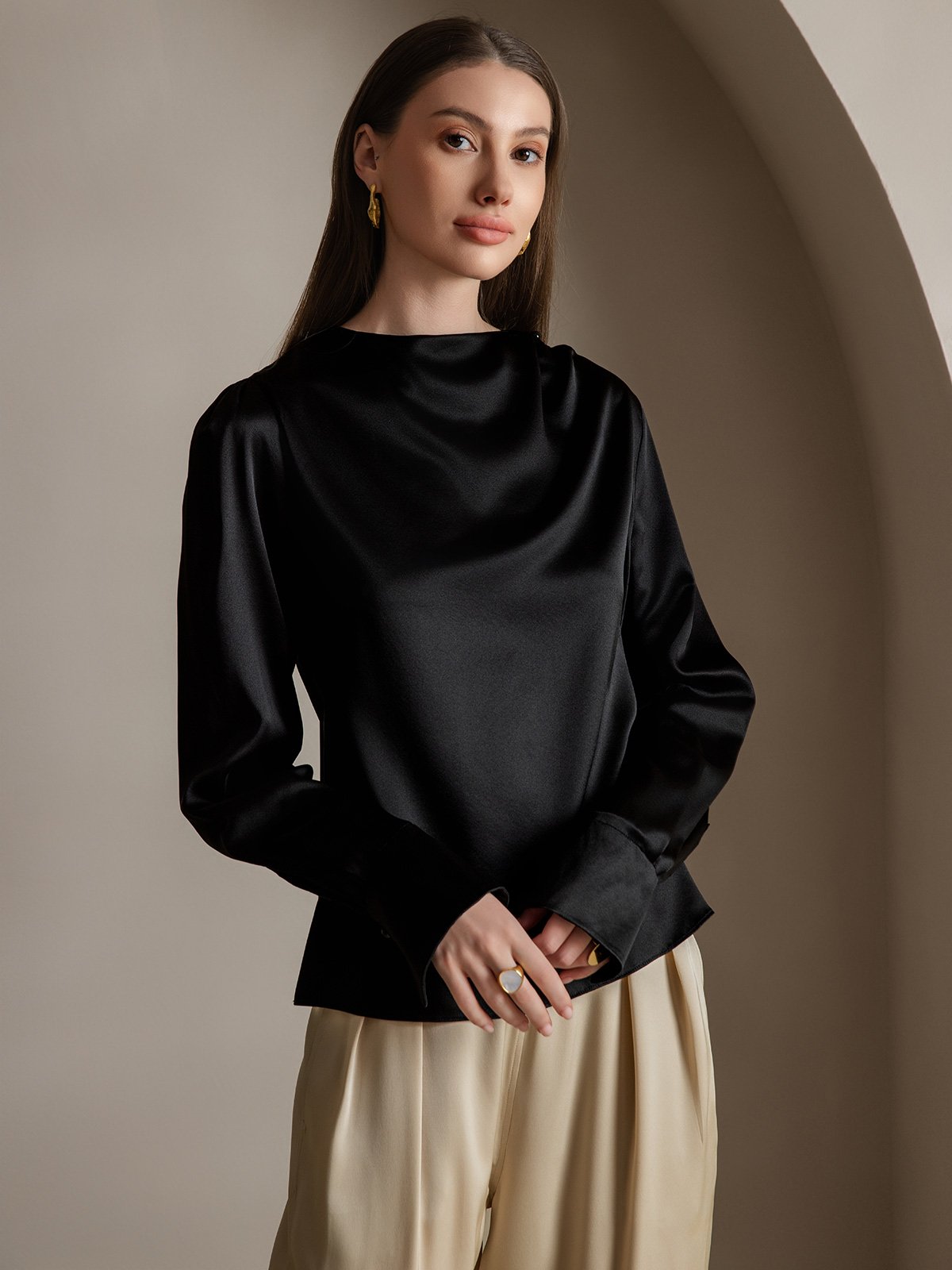 [Negro] SilkSilky-ES 19Momme Seda Womens Shirt 003