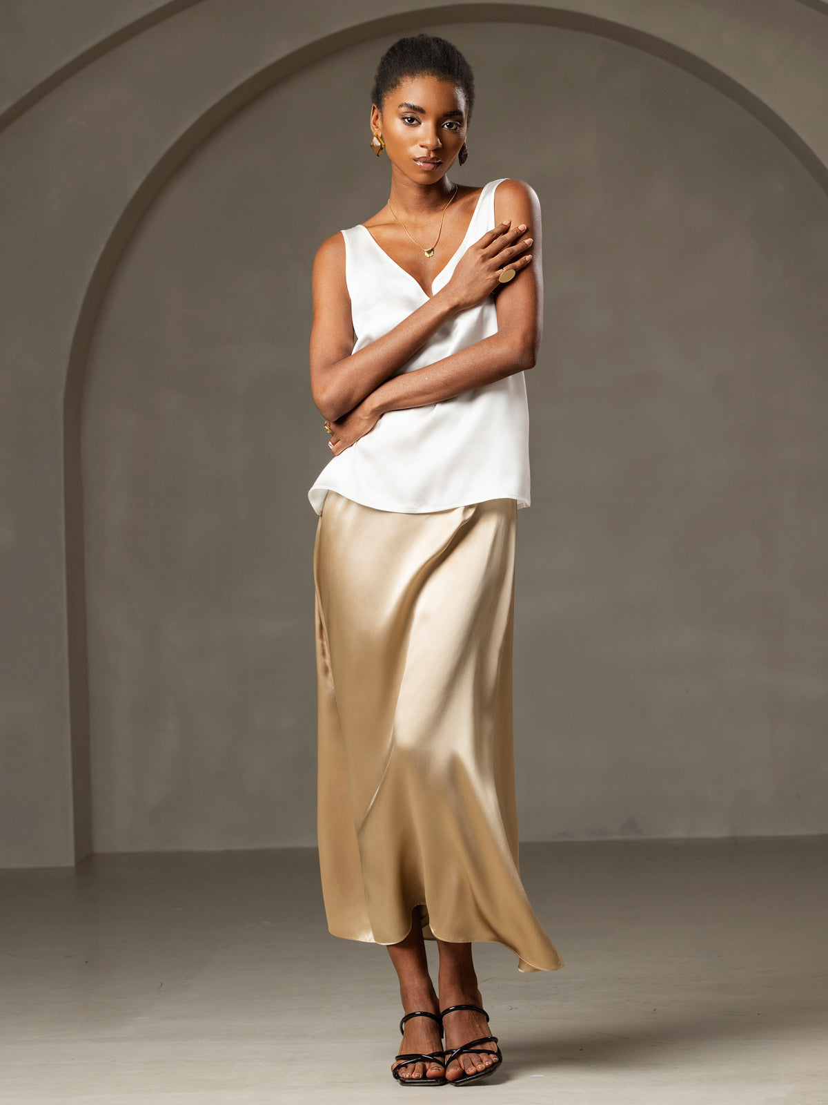 [Blanco] SilkSilky-ES 19Momme Sin mangas Cuello en V Top de tirantes 006