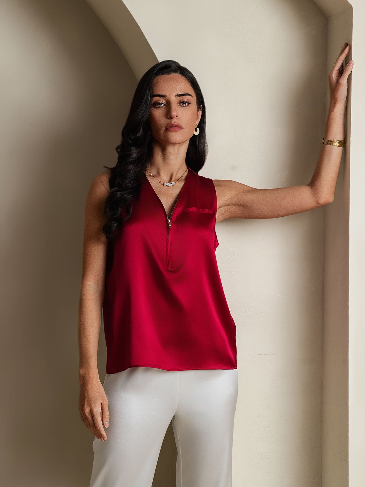 SilkSilky-ES 19Momme Seda Sin mangas Cuello en V Blusas de Mujer Vino 006