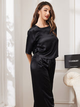 [Negro] SilkSilky-ES Half Sleeve Round Neck Pijamas de mujer 003