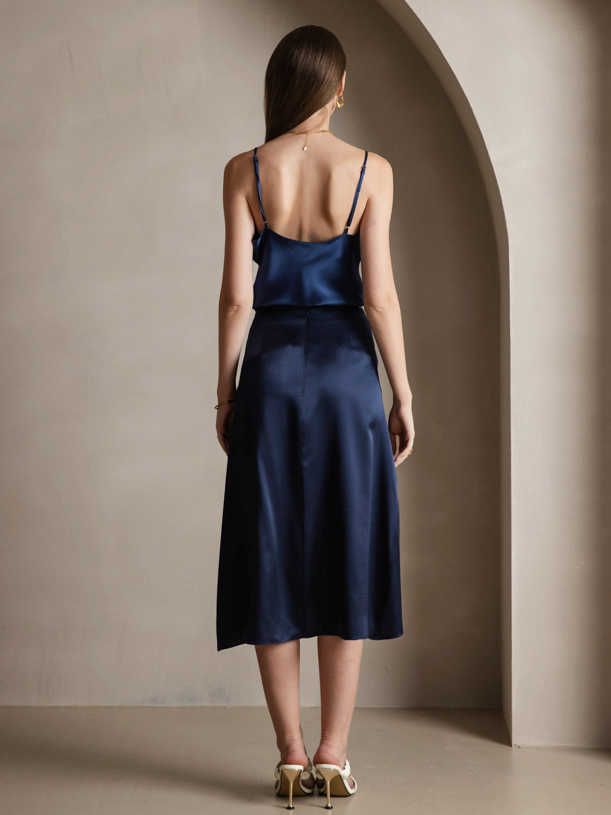 [Azul Oscuro] SilkSilky-ES Seda Pura Sin mangas Cuello en V Top de tirantes 002