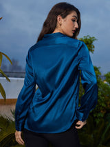 [Azul Real] SilkSilky-ES Long Sleeve Lapel Collar Blusas de Mujer 002