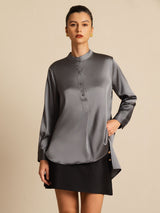 [Gris Oscuro] SilkSilky-ES 19Momme Manga larga Cuello Alto Blusa 001