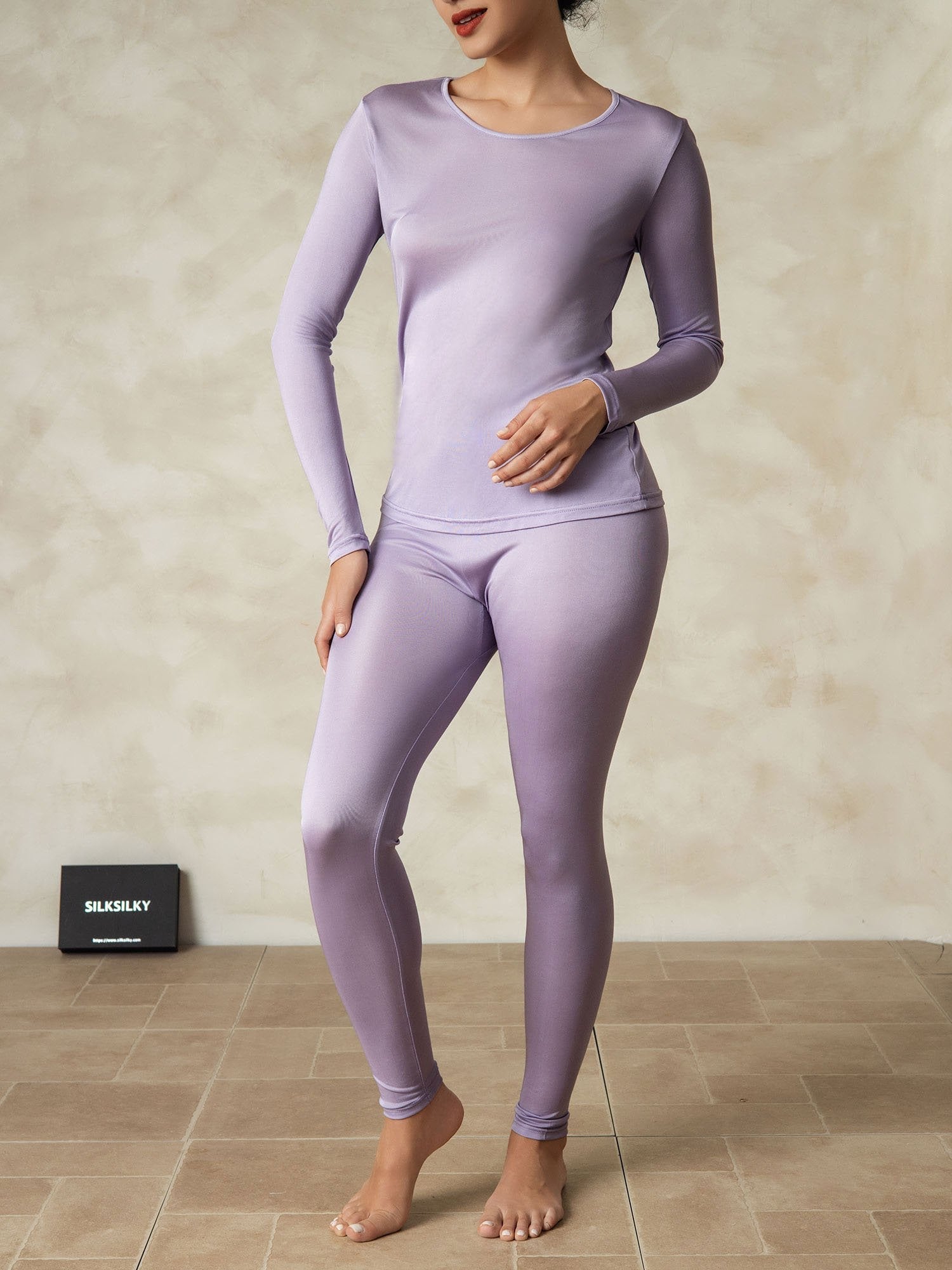 [Púrpura] SilkSilky-ES Manga larga Cuello Redondo Ropa Interior Larga Mujer 004