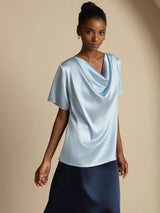 [Azul Grisáceo] SilkSilky-ES Short Sleeve Cowl Neck Blusas 005