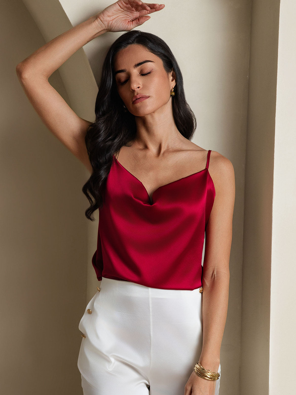 [Vino] SilkSilky-ES 19Momme Spalline Sottili Cuello Drapeado Top de tirantes 007
